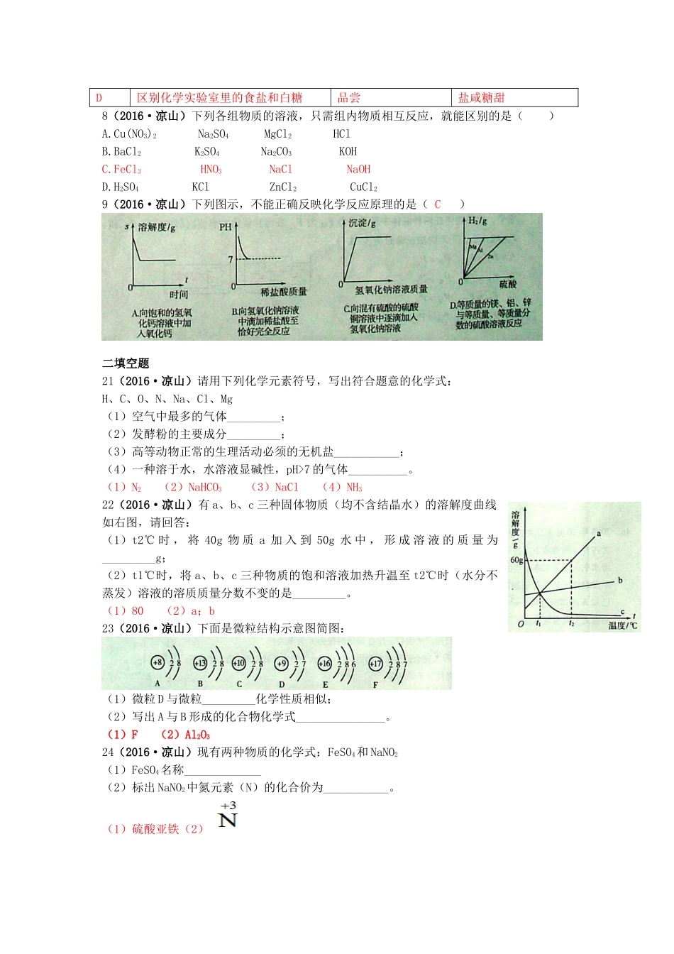 四川省凉山州中考化学真题试卷(含答案)试卷_第2页