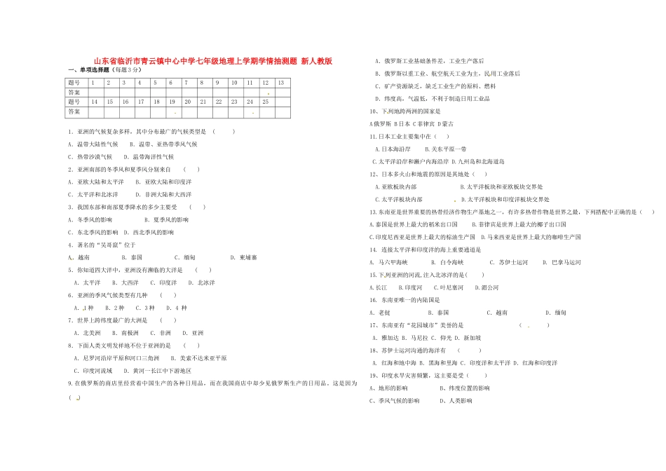 山东省临沂市七年级地理上学期学情抽测题 新人教版试卷_第1页