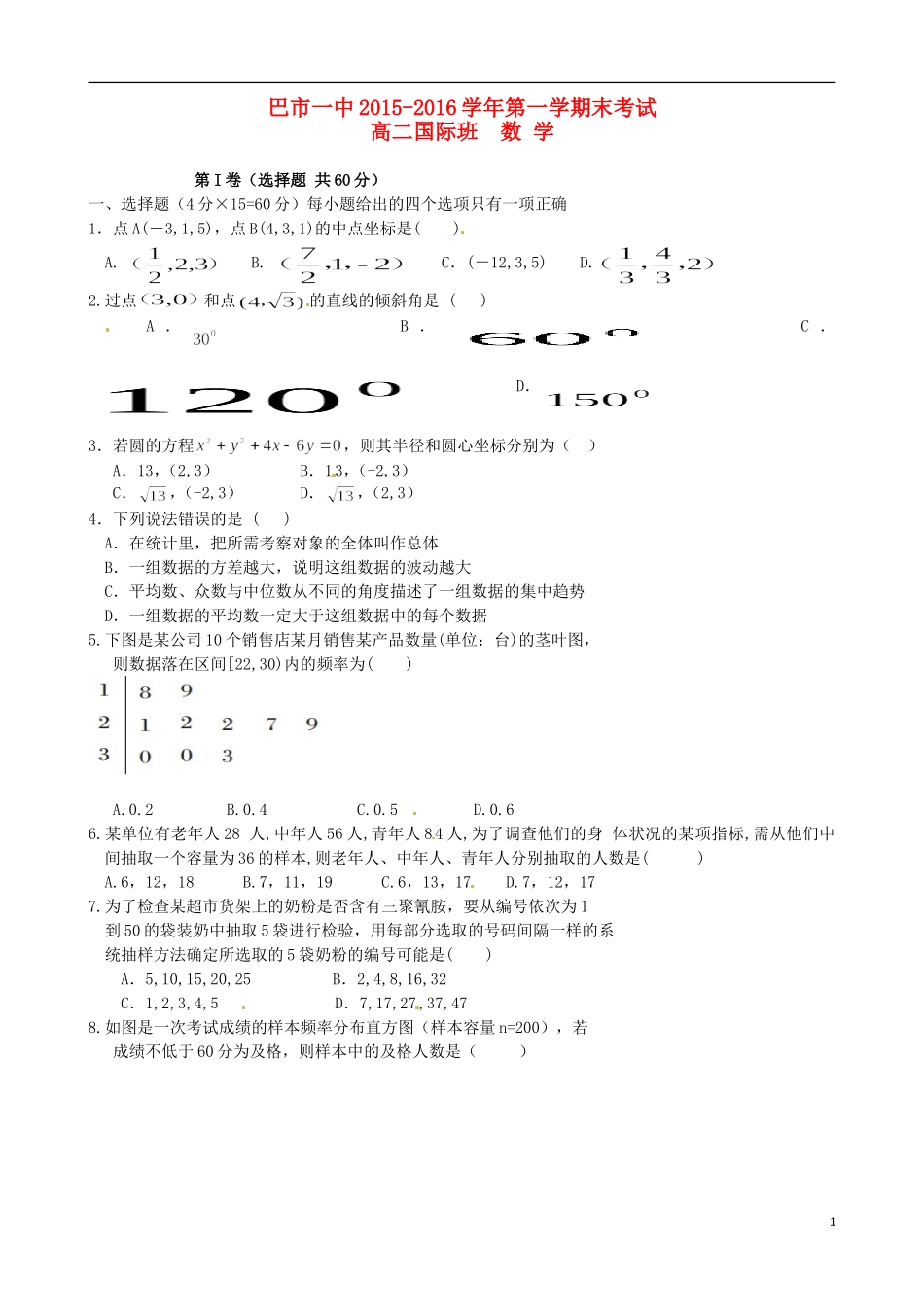 高二数学上学期期末考试试题（国际班）-人教版高二全册数学试题_第1页
