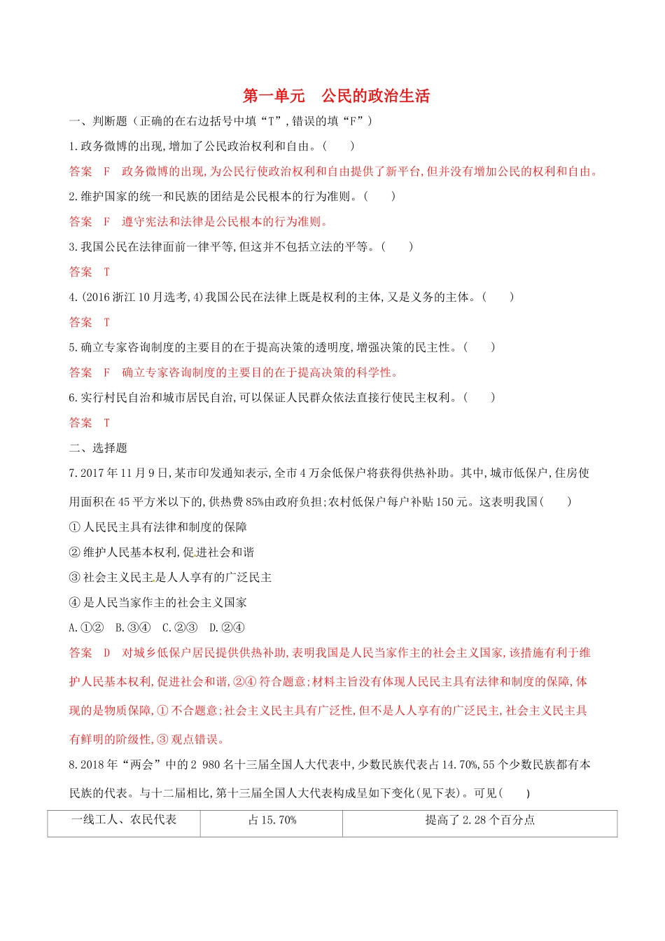 （浙江选考）高考政治一轮复习 考点突破 第一单元 公民的政治生活单元检测 新人教版必修2-新人教版高三必修2政治试题_第1页