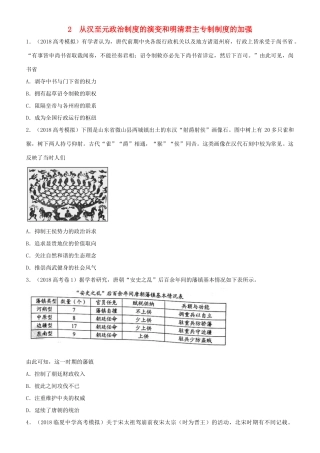高考历史二轮复习 小题狂做专练二 从汉至元政治制度的演变和明清君主专制制度的加强-人教版高三全册历史试题