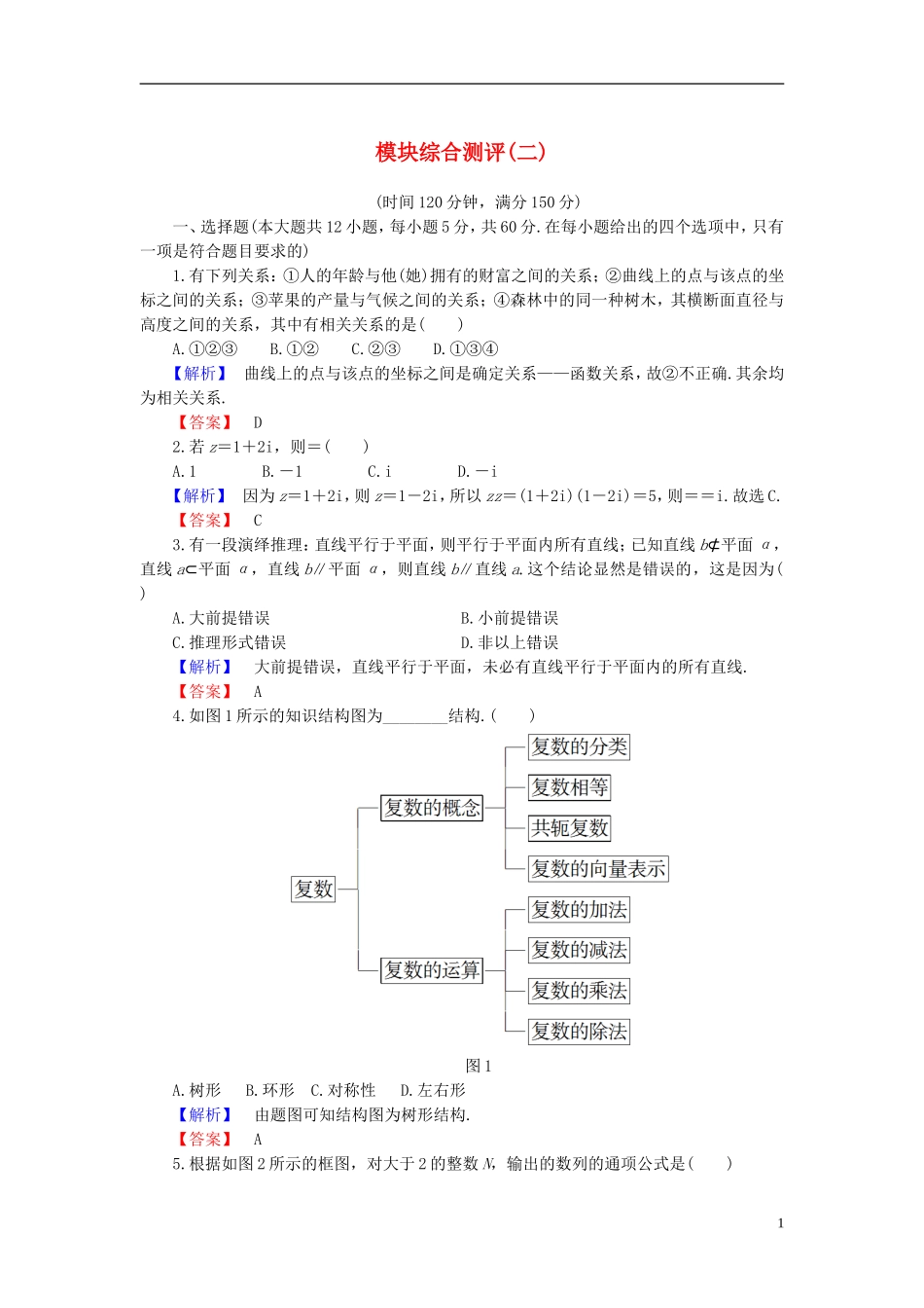 高中数学 模块综合测评2 新人教B版选修1-2-新人教B版高二选修1-2数学试题_第1页