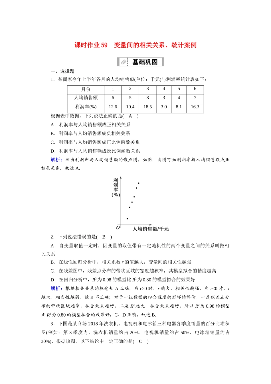 （山东专用）新高考数学一轮复习 第九章 统计、统计案例 课时作业59 变量间的相关关系、统计案例（含解析）-人教版高三全册数学试题_第1页