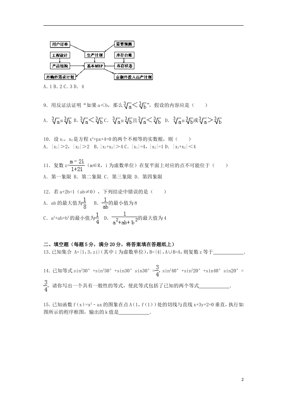 青海省海东市平安一中高二数学上学期期末试卷 文（含解析）-人教版高二全册数学试题_第2页