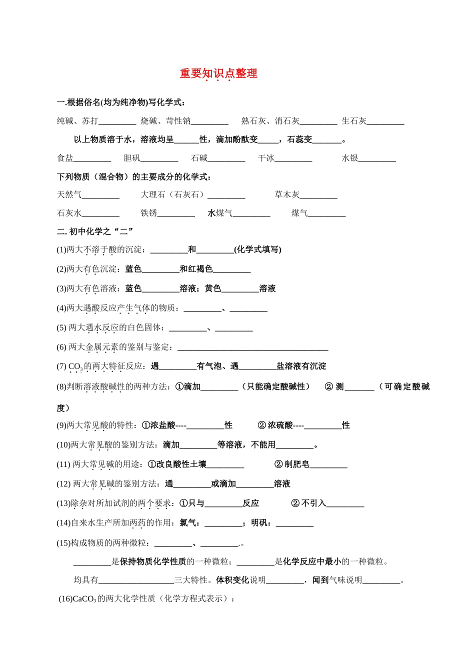 九年级化学重要知识点整理与回顾沪教版试卷_第1页