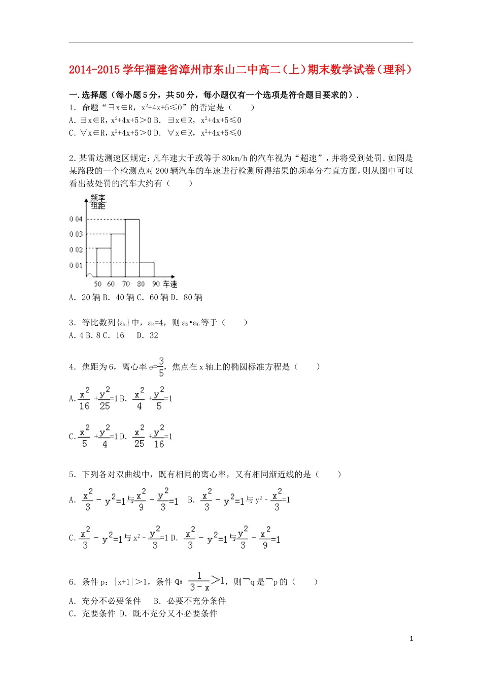 福建省漳州市东山二中高二数学上学期期末试卷 理（含解析）-人教版高二全册数学试题_第1页