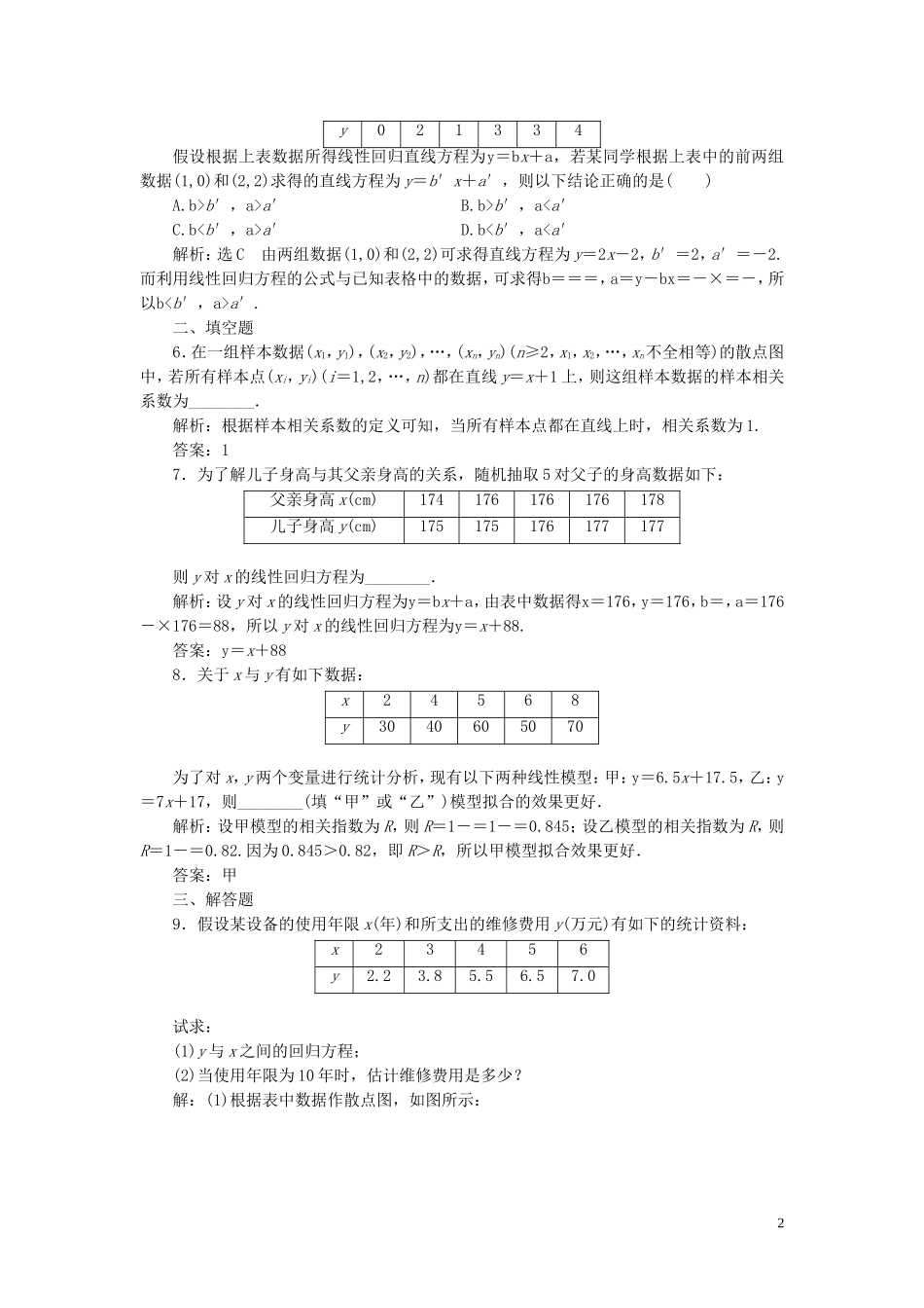 高中数学 1.1回归分析的基本思想及其初步应用课时达标检测 新人教A版选修1-2-新人教A版高二选修1-2数学试题_第2页
