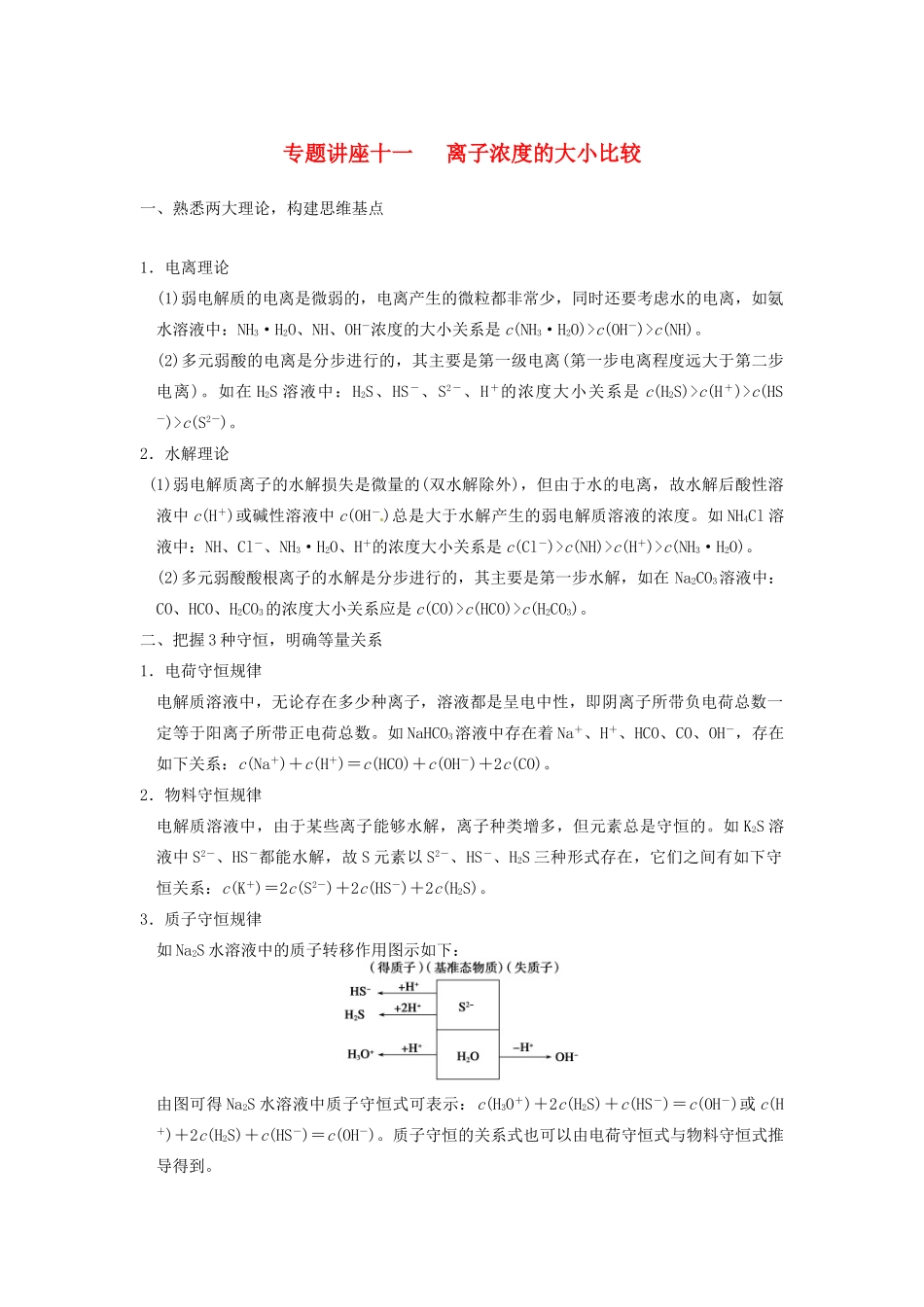 四川省成都市经济技术开发区实验中学高三化学总复习 专题讲座11 离子浓度的大小比较_第1页