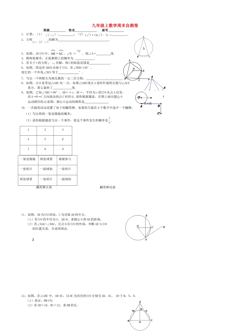 九年级数学上学期周末自测卷 新人教版试卷_第1页
