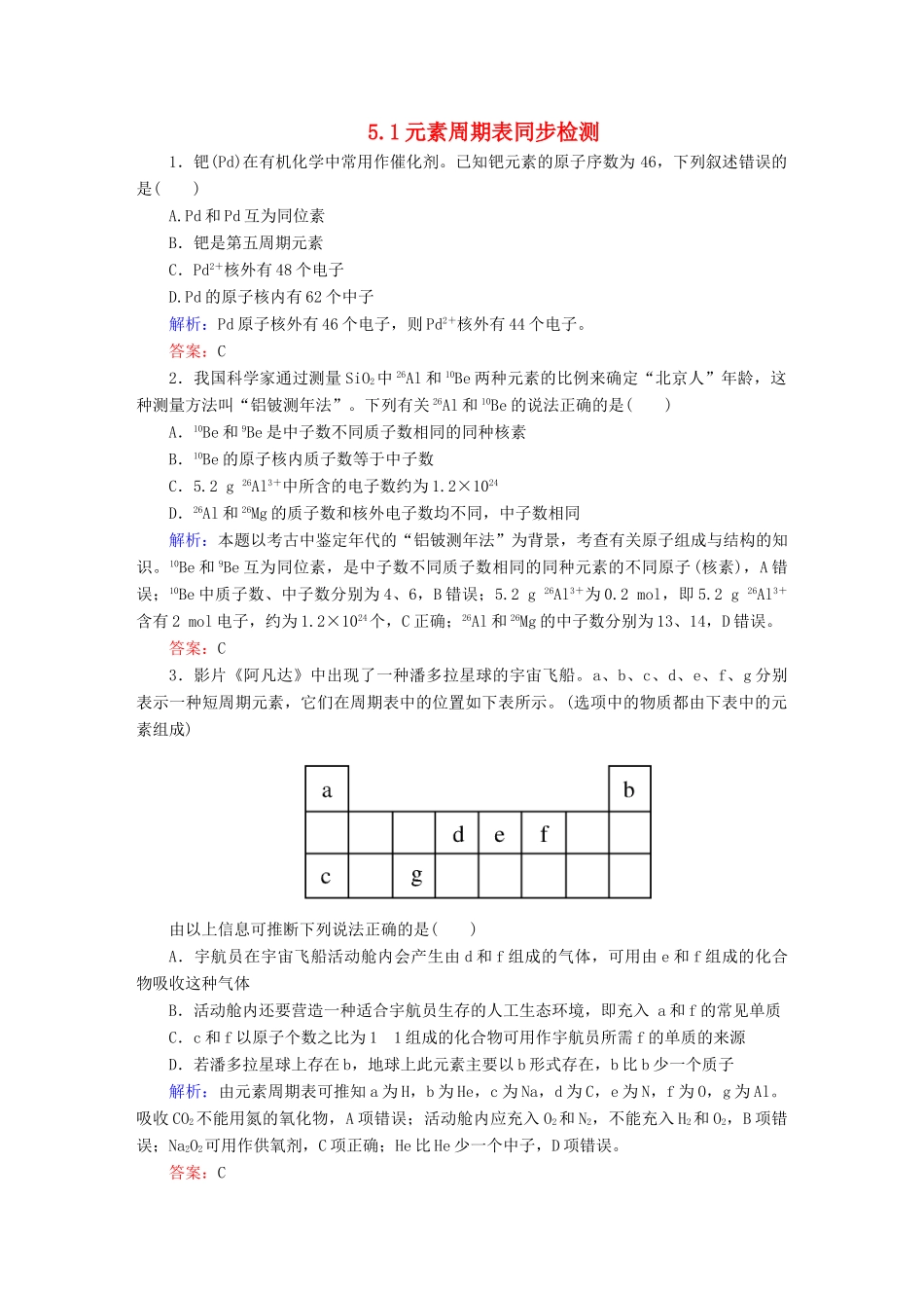 全程复习构想高考化学大一轮复习 5.1元素周期表同步检测-人教版高三全册化学试题_第1页