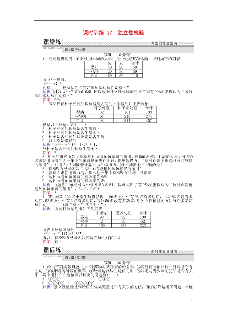 高中数学 第三章 统计案例 课时训练17 独立性检验 新人教B版选修2-3-新人教B版高二选修2-3数学试题_第1页