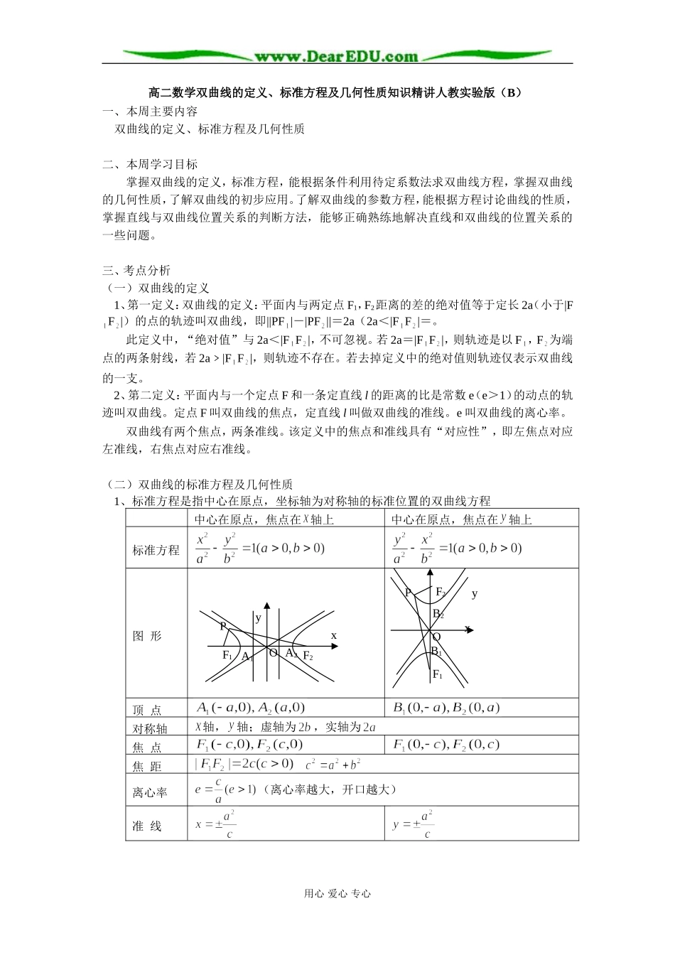 高二数学双曲线的定义、标准方程及几何性质知识精讲人教实验版（B）_第1页