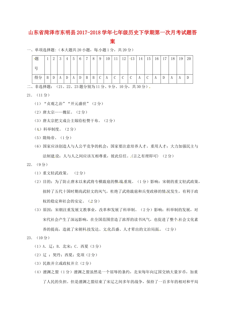 山东省菏泽市东明县七年级历史下学期第一次月考试卷答案 新人教版 山东省菏泽市东明县七年级历史下学期第一次月考试卷(pdf) 新人教版_第1页