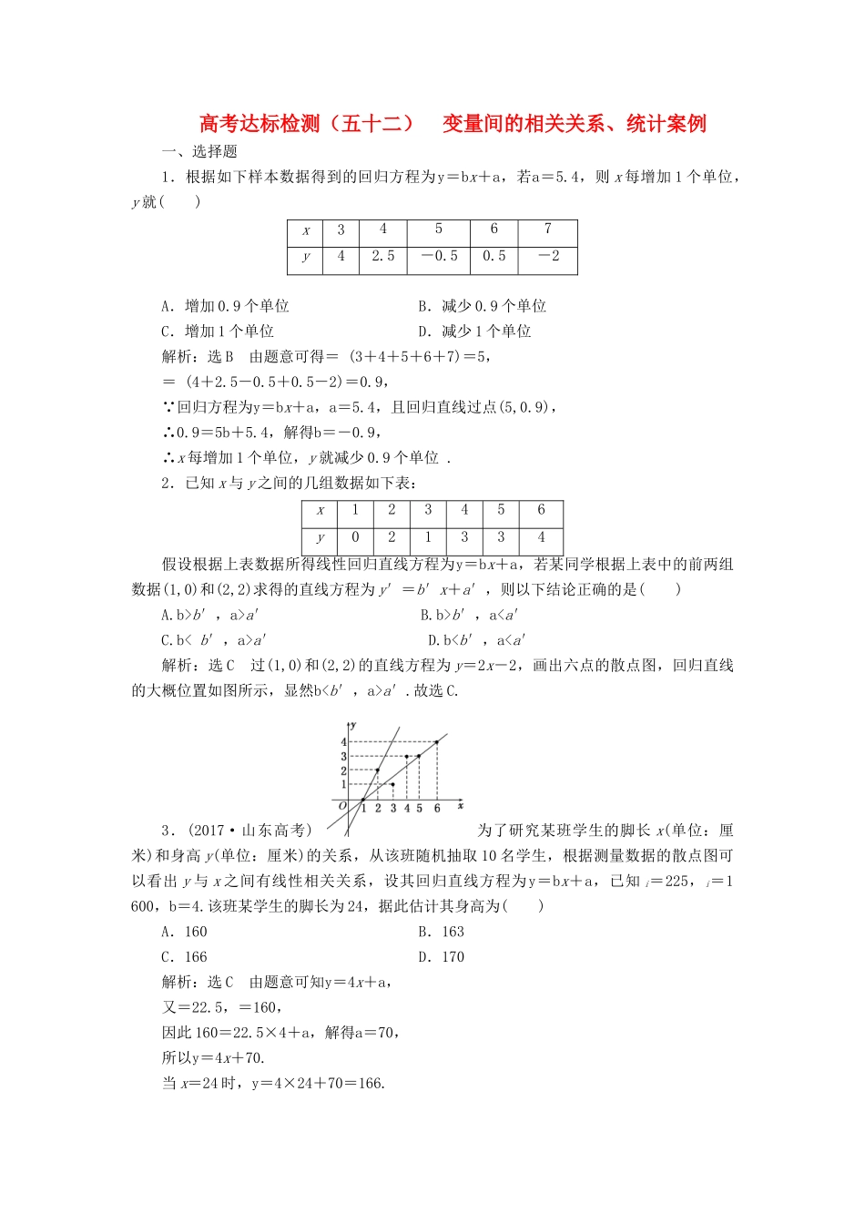 （全国通用版）高考数学一轮复习 第十八单元 统计与统计案例 高考达标检测（五十二）变量间的相关关系、统计案例 理-人教版高三全册数学试题_第1页