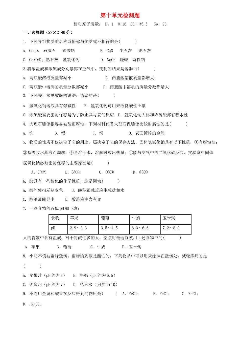 九年级化学下册 第十单元 酸和碱测试(新版)新人教版试卷_第1页