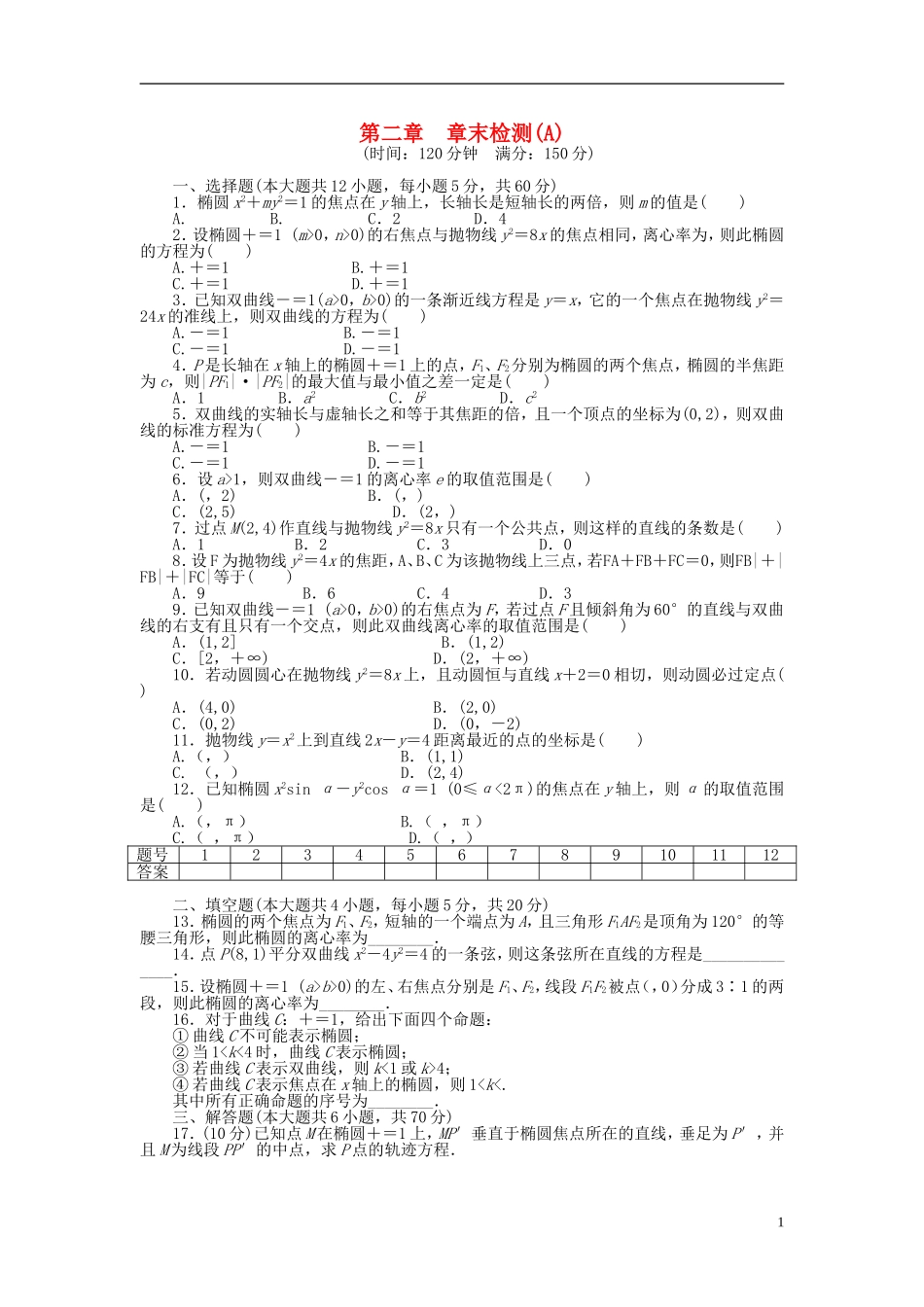 高中数学 第2章 圆锥曲线与方程章末检测（A）新人教A版选修1-1-新人教A版高二选修1-1数学试题_第1页