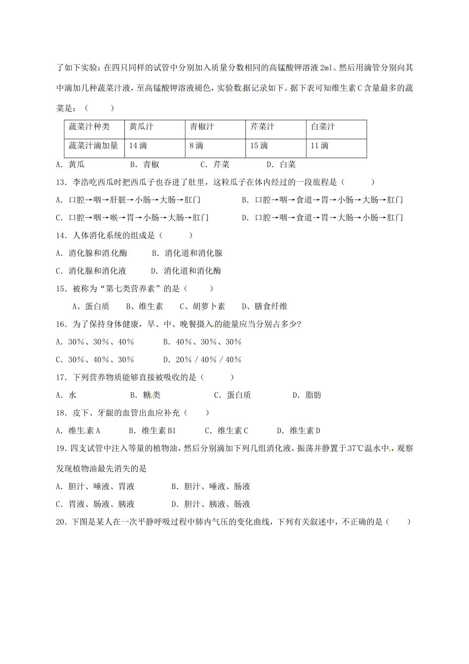 山东省七年级生物下学期(3月)月考试卷试卷_第2页
