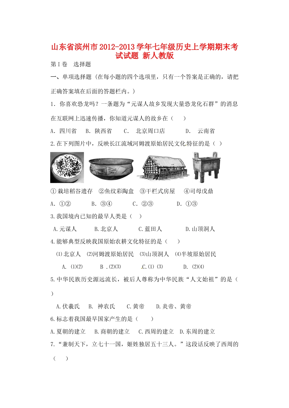 山东省滨州市七年级历史上学期期末考试试卷 新人教版试卷_第1页