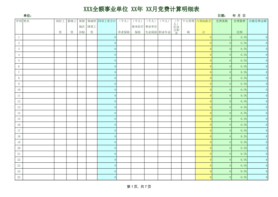 事业单位党费自动计算Excel明细模板_第1页