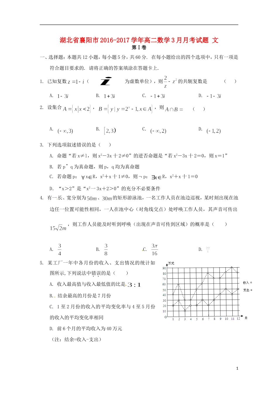 湖北省襄阳市高二数学3月月考试题 文-人教版高二全册数学试题_第1页