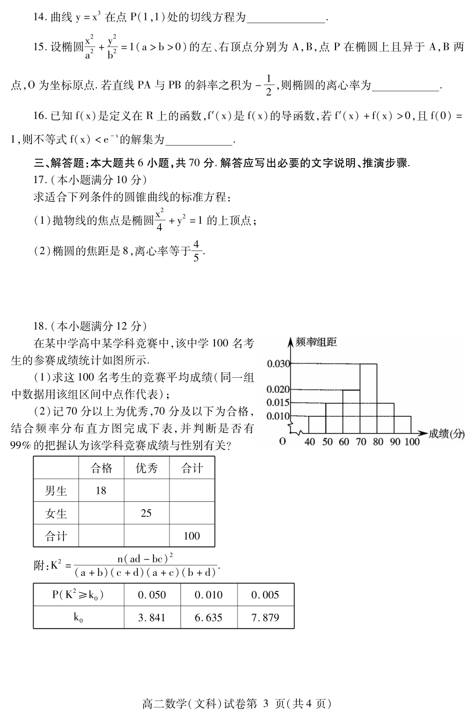 四川省内江市 高二数学下学期期末检测试卷 文(PDF)试卷_第3页