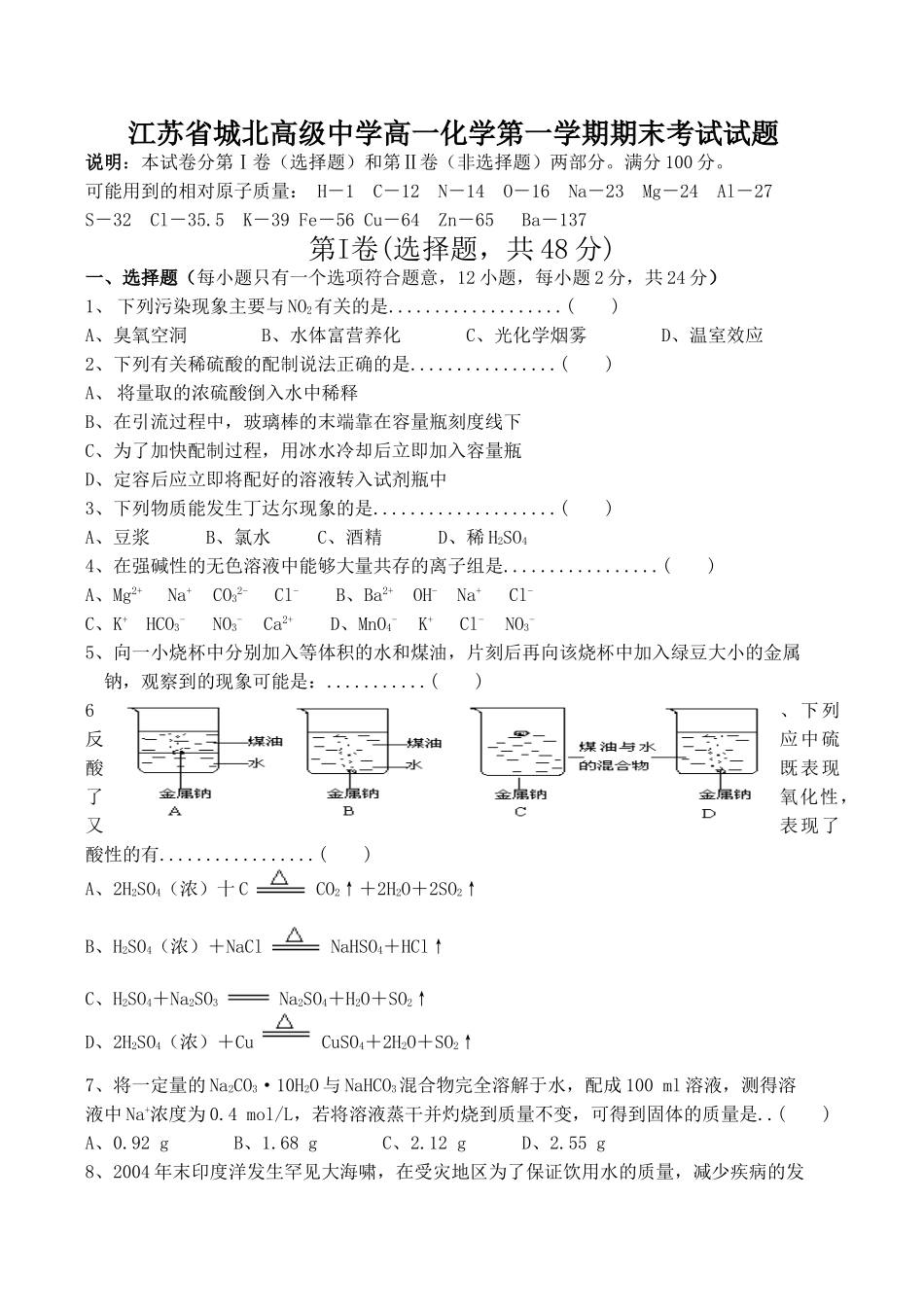 江苏省城北高级中学高一化学第一学期期末考试试题_第1页