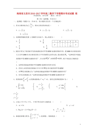 海南省文昌市高二数学下学期期末考试试题 理-人教版高二全册数学试题