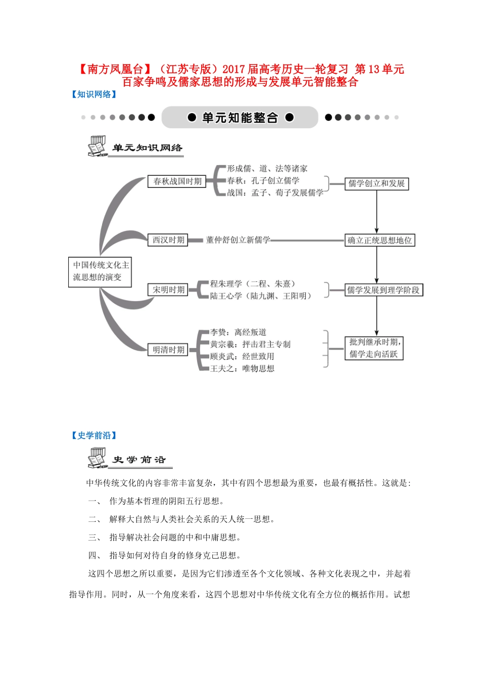 （江苏专版）高考历史一轮复习 第13单元 百家争鸣及儒家思想的形成与发展单元智能整合-人教版高三全册历史试题_第1页