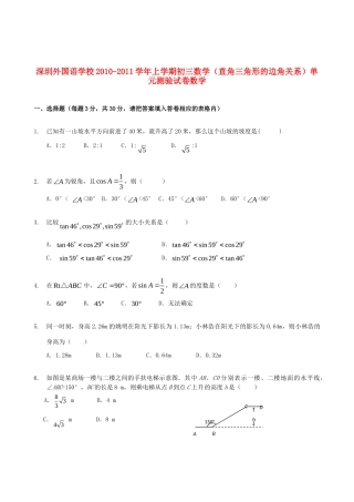 九年级数学上学期直角三角形的边角关系单元测验试卷 人教新课标版试卷