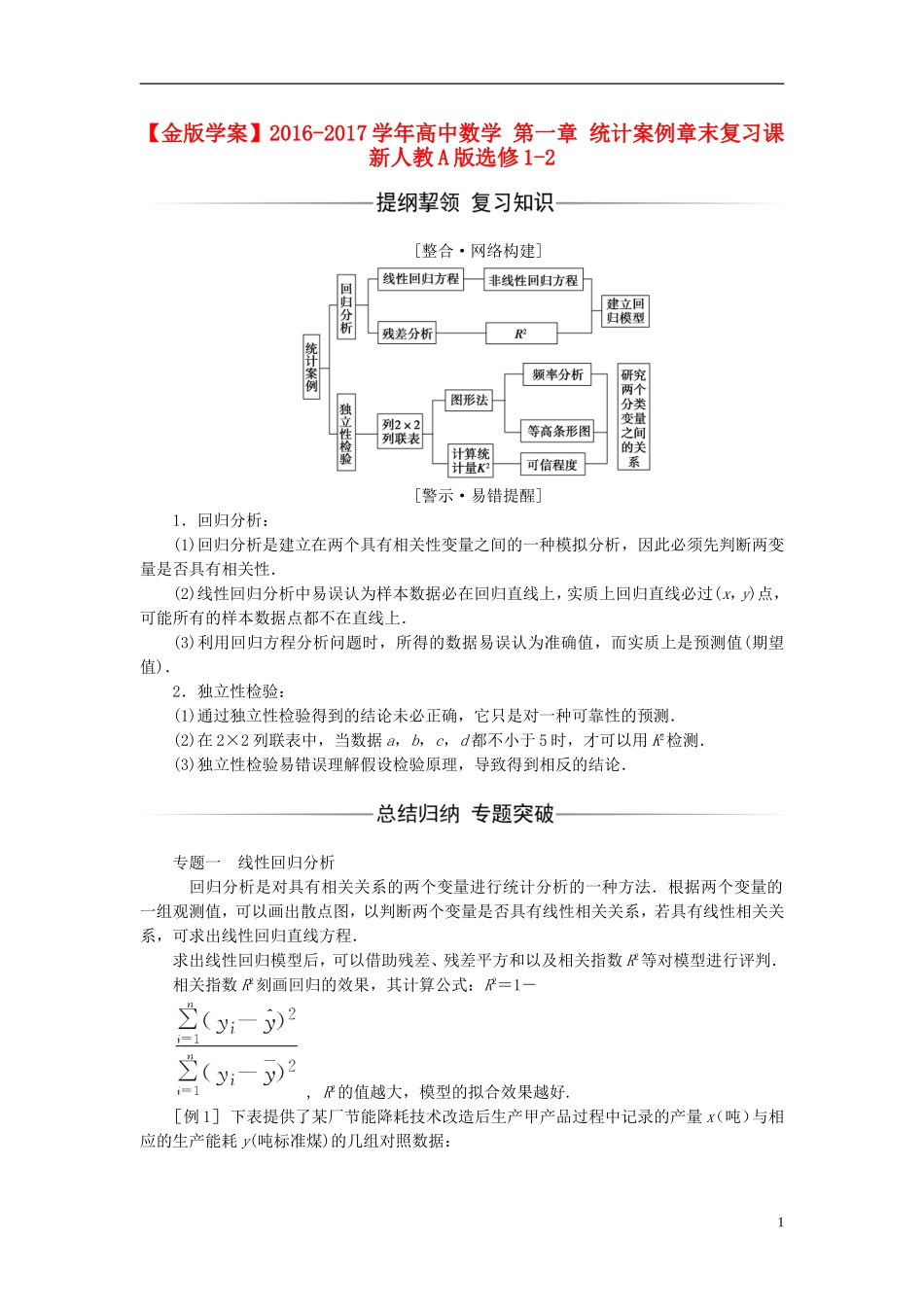 高中数学 第一章 统计案例章末复习课 新人教A版选修1-2-新人教A版高二选修1-2数学试题_第1页
