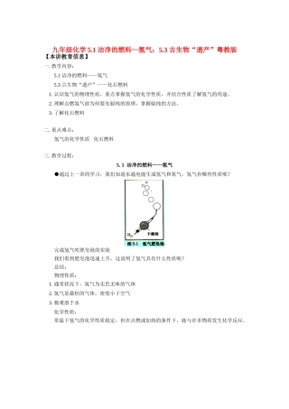 九年级化学51 洁净的燃料—氢气；53 古生物 遗产 粤教版知识精讲试卷