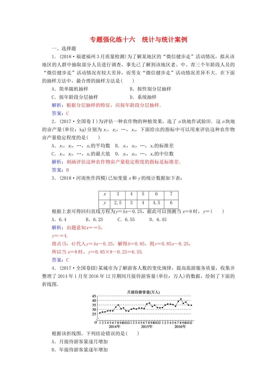 （广东专版）高考数学二轮复习 第二部分 专题六 概率与统计 专题强化练十六 统计与统计案例 理-人教版高三全册数学试题_第1页