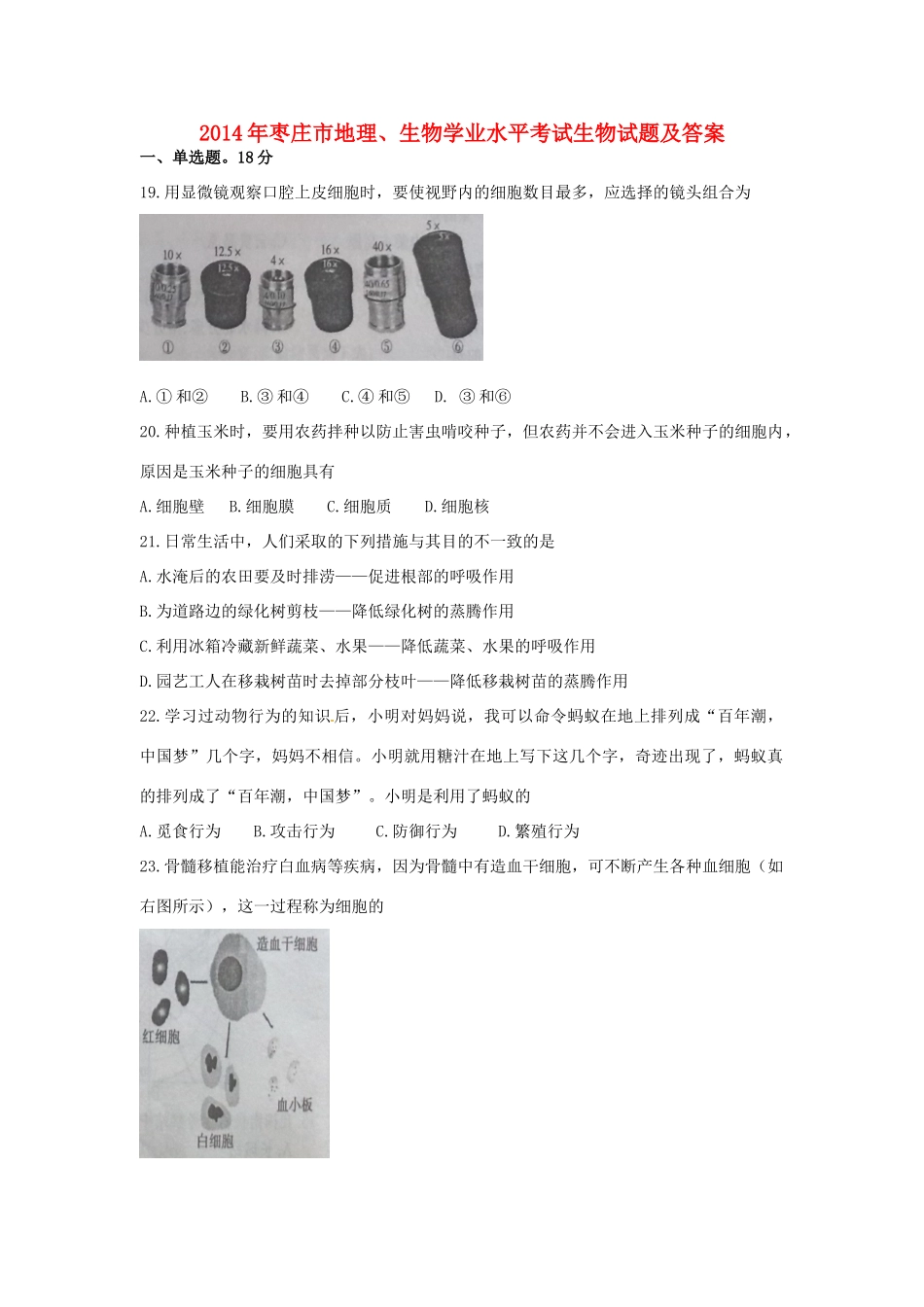 山东省枣庄市中考生物真题试卷(含答案)试卷_第1页