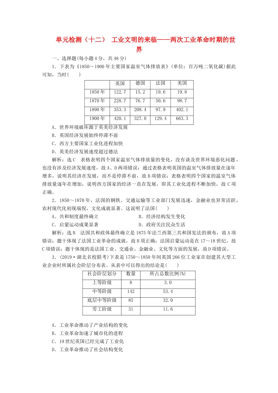 （通史版）高考历史一轮复习 单元检测（十二）工业文明的来临——两次工业革命时期的世界（含解析）-人教版高三全册历史试题_第1页