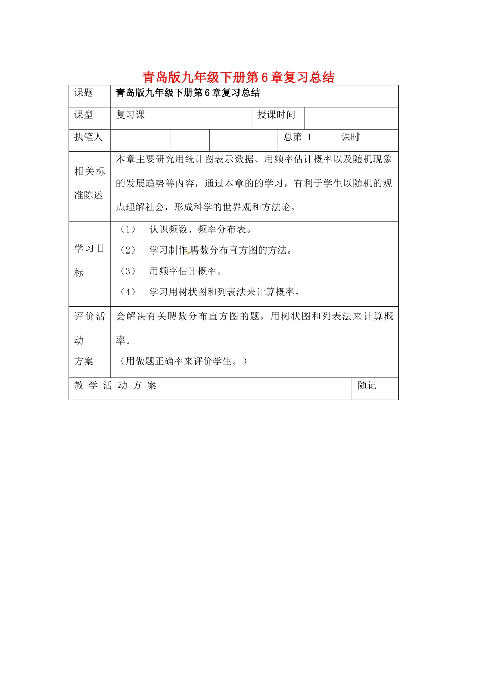 九年级数学下册(第6章)复习总结与回顾 青岛版试卷_第1页