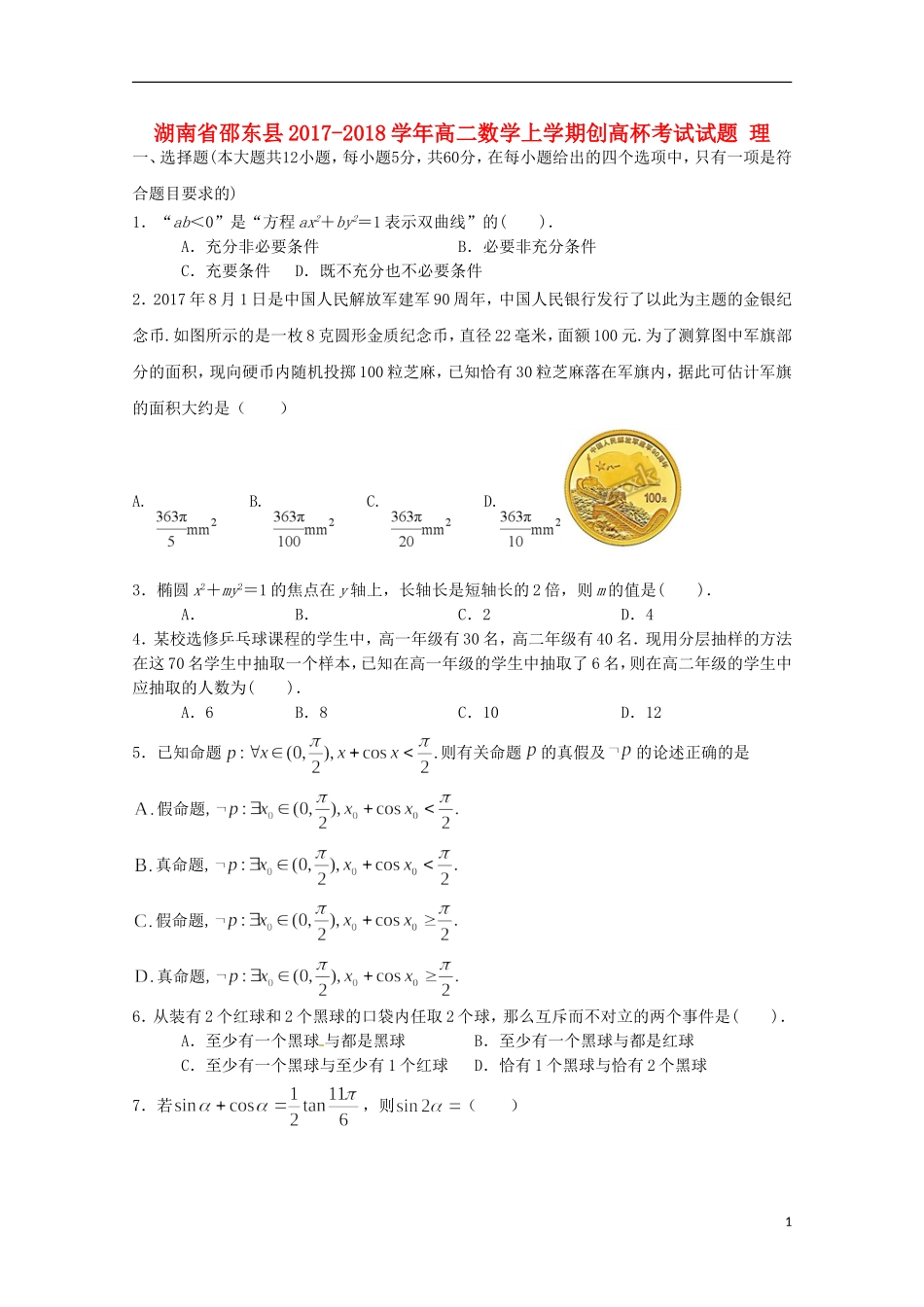 湖南省邵东县高二数学上学期创高杯考试试题 理-人教版高二全册数学试题_第1页
