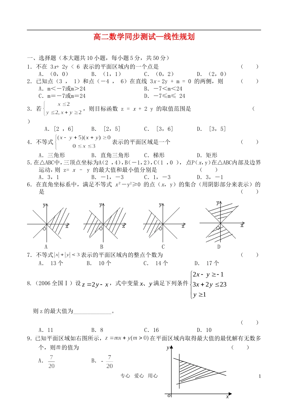 高二数学 同步测试—线性规划 人教大纲版_第1页