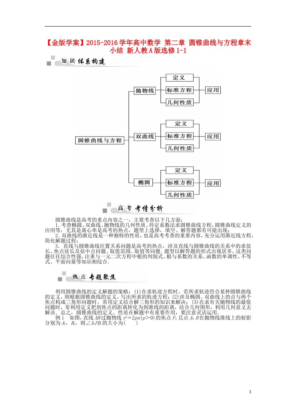 高中数学 第二章 圆锥曲线与方程章末小结 新人教A版选修1-1-新人教A版高二选修1-1数学试题_第1页