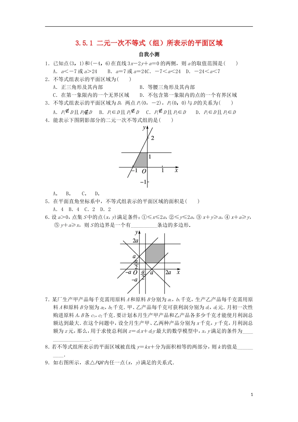 高中数学 第三章 不等式 3.5.1 二元一次不等式（组）所表示的平面区域自我小测 新人教B版必修5-新人教B版高二必修5数学试题_第1页
