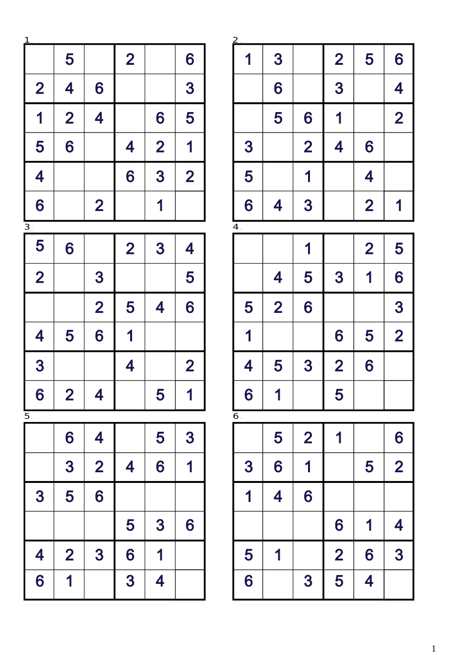 数独入门-儿童数独游戏70题-唯一法6X6(含答案)_第1页