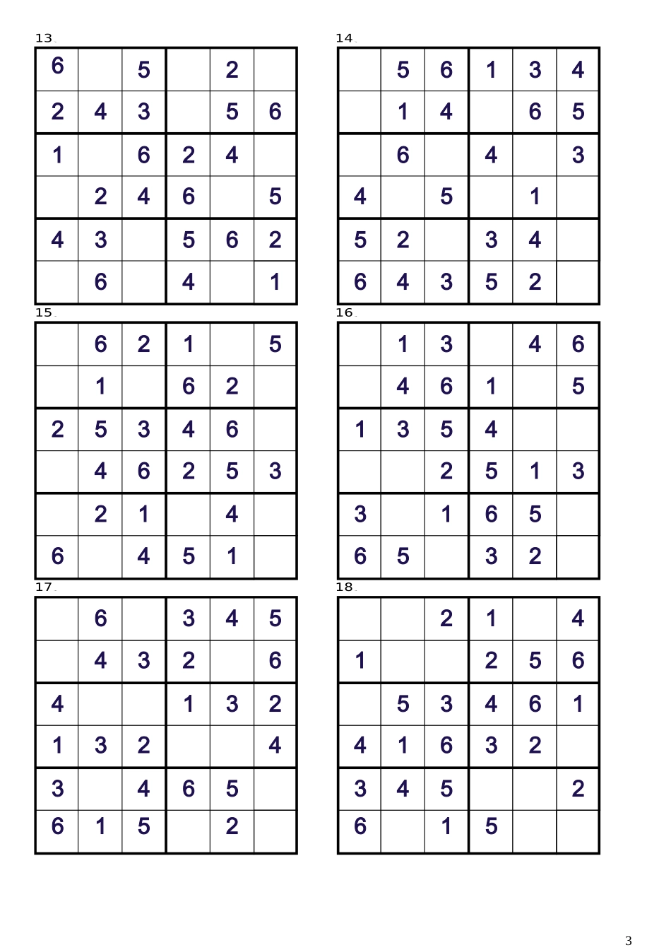 数独入门-儿童数独游戏70题-唯一法6X6(含答案)_第3页