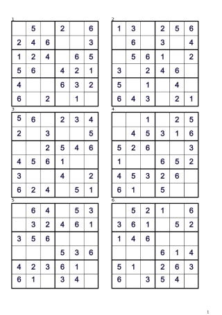 数独入门-儿童数独游戏70题-唯一法6X6(含答案)