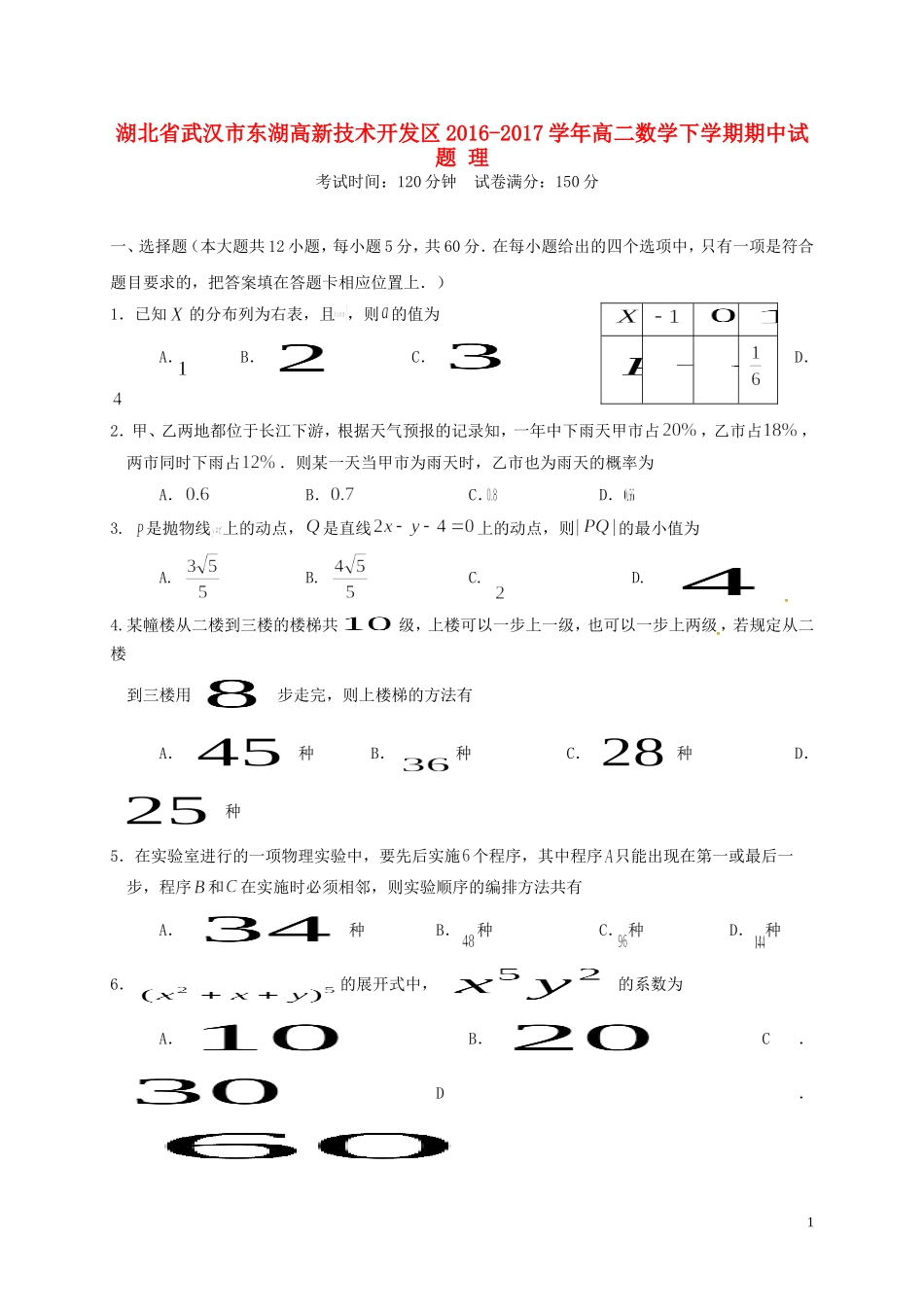 湖北省武汉市东湖高新技术开发区高二数学下学期期中试题 理-人教版高二全册数学试题_第1页