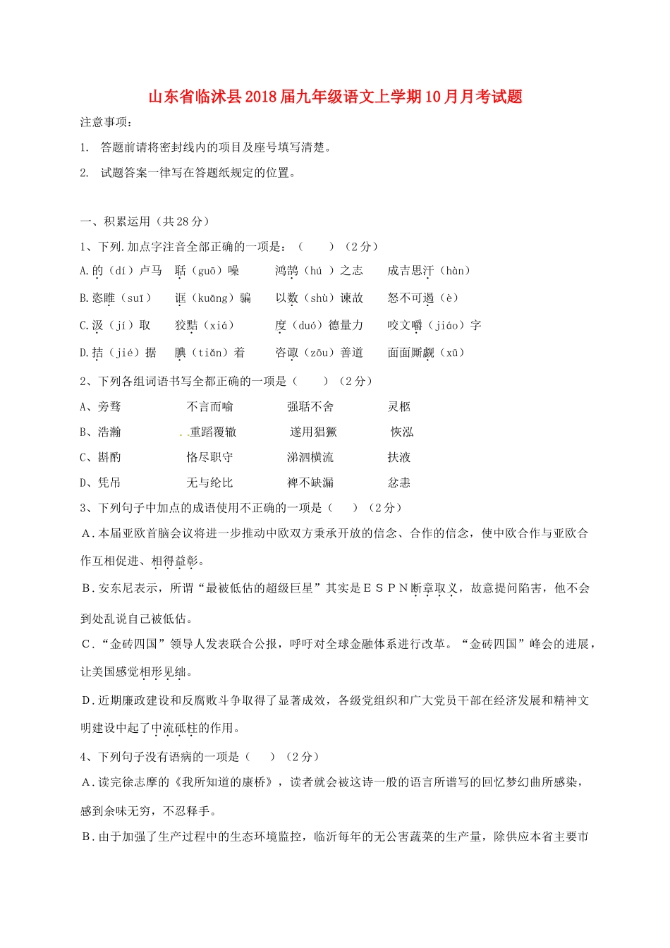 山东省临沭县九年级语文上学期10月月考试卷 新人教版试卷_第1页