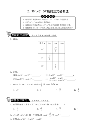 九年级数学下册 12 角30°，45°，60°的三角函数值测试卷(pdf) 北师大版试卷