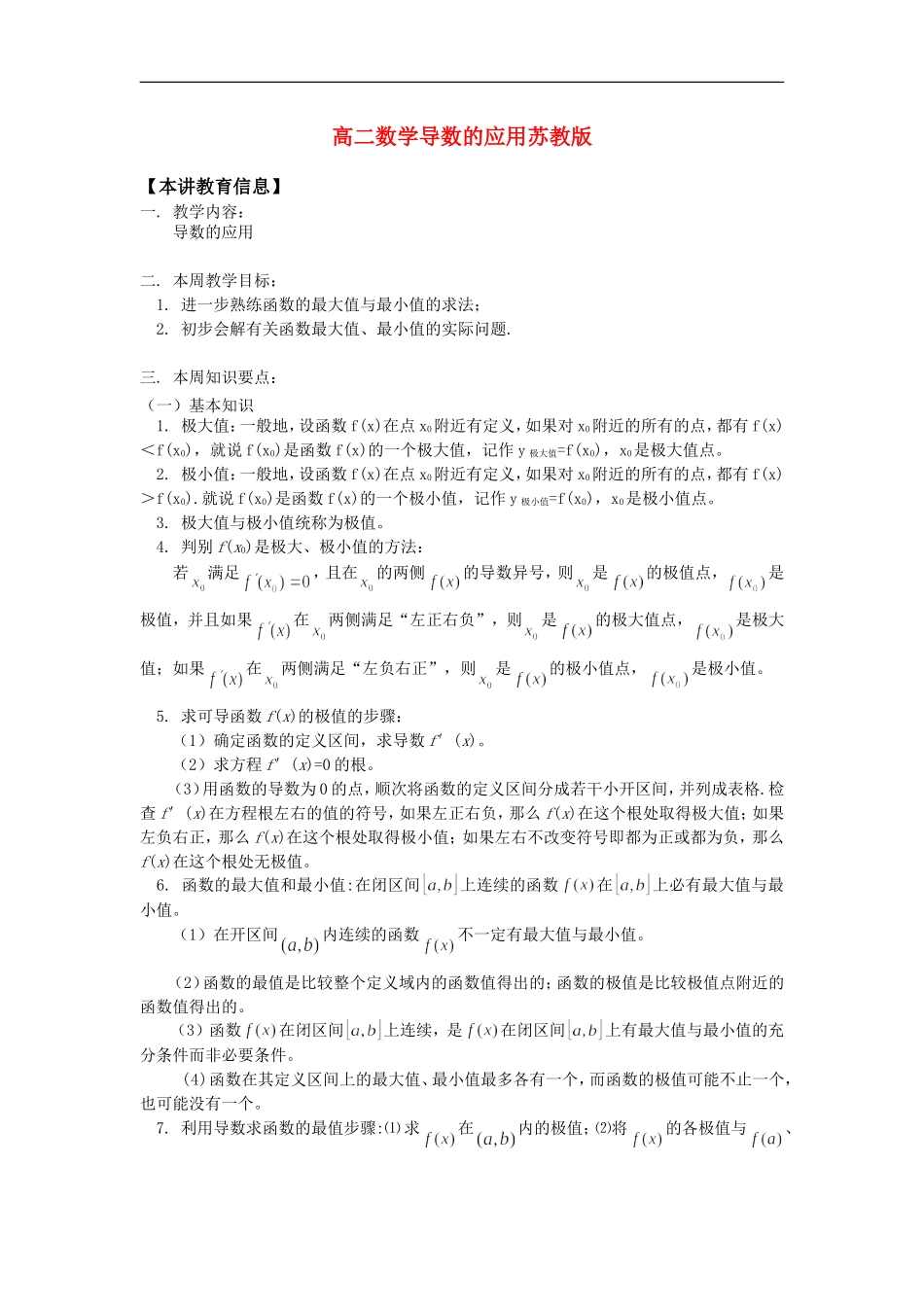 高二数学导数的应用苏教版知识精讲_第1页