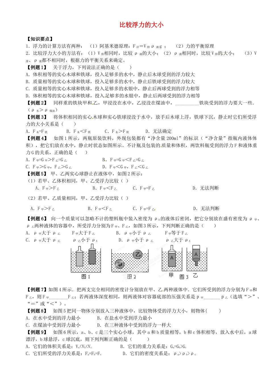 中考物理总复习 比较浮力的大小试卷_第1页