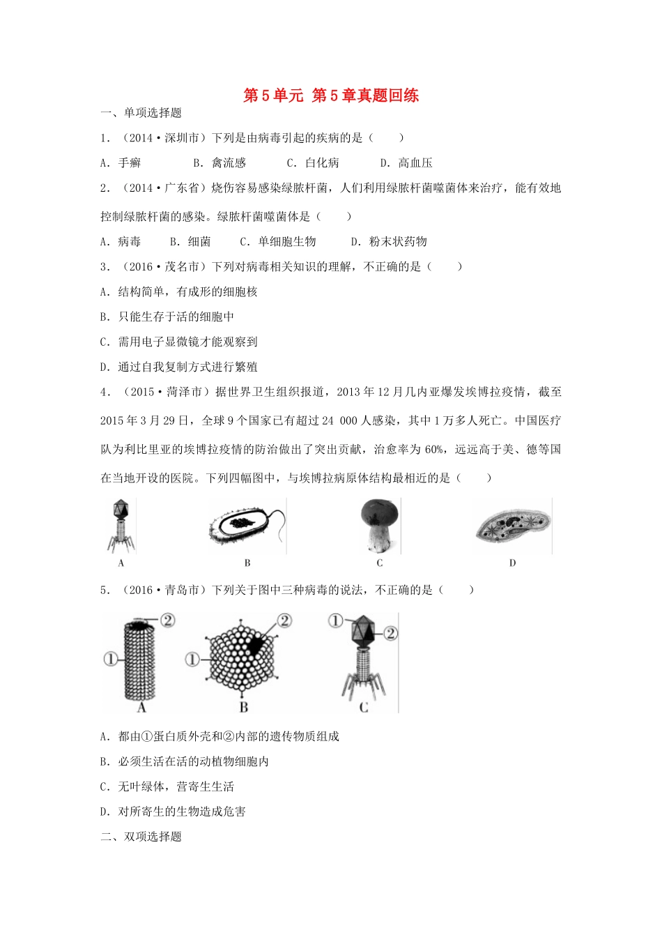 中考生物总复习 第5单元 第5章真题回练试卷_第1页