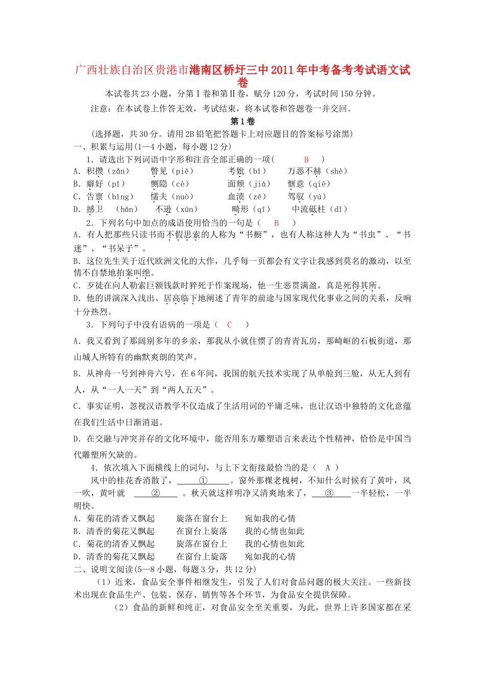 中考语文备考考试试卷试卷_第1页