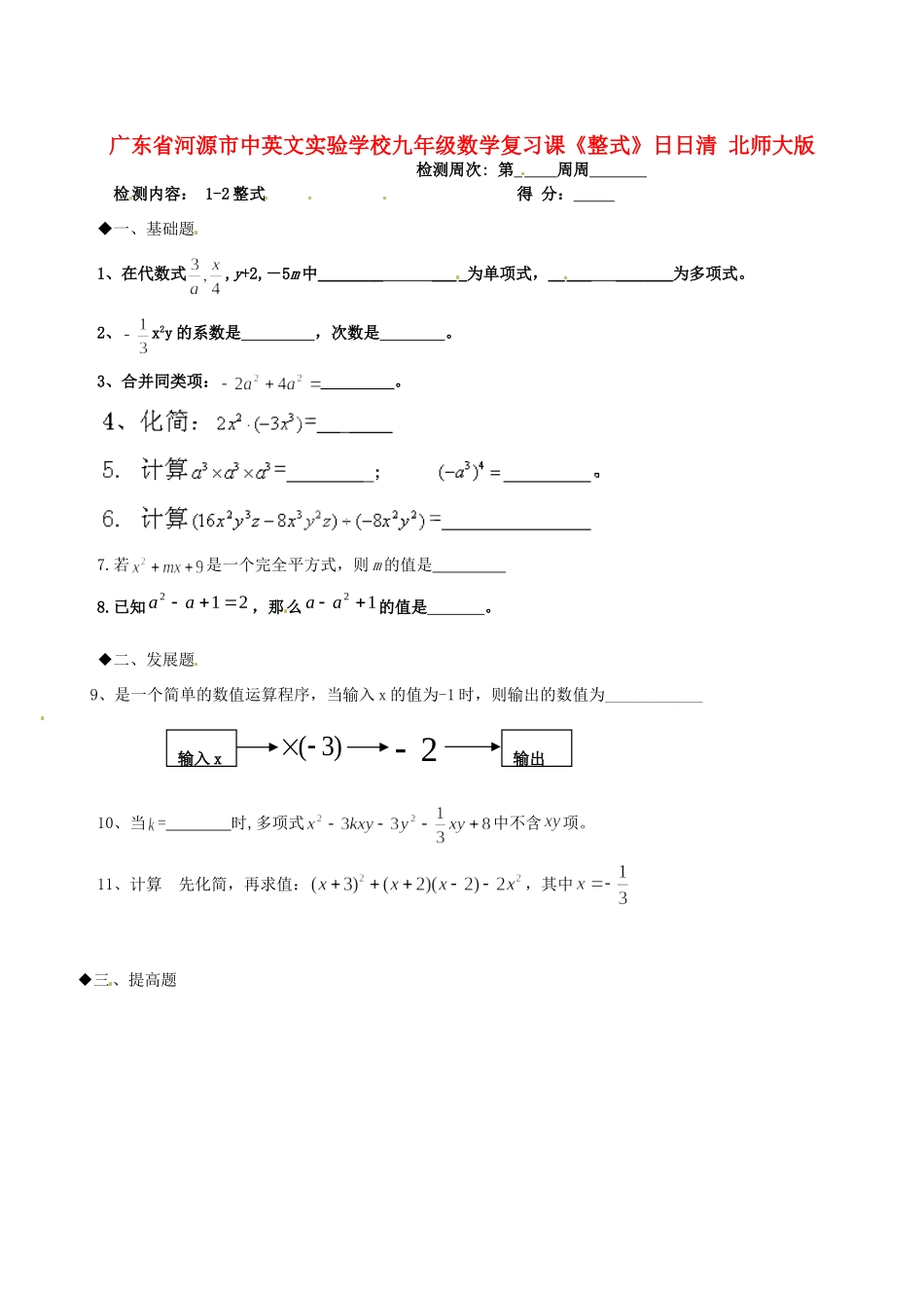 九年级数学复习课(整式)日日清 北师大版试卷_第1页